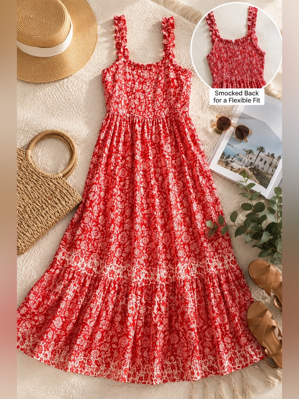 Universal Thread Red White Floral Tiered Midi Sundress Medium